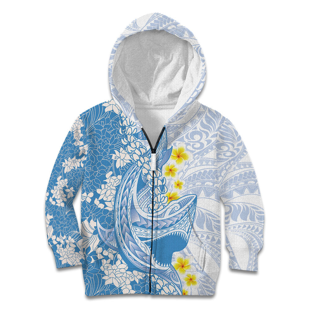 Blue Hawaii Shark Tattoo Kid Hoodie Puakenikeni Lei Plumeria Polynesian Pattern LT14 Zip Hoodie Blue - Polynesian Pride