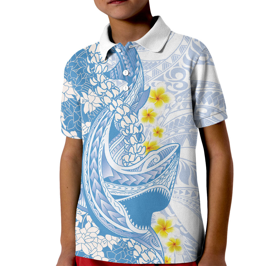 Blue Hawaii Shark Tattoo Kid Polo Shirt Puakenikeni Lei Plumeria Polynesian Pattern