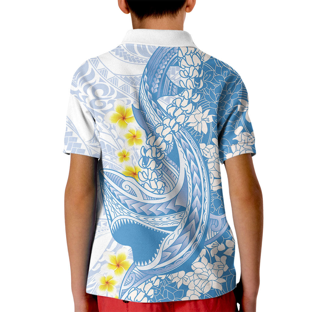 Blue Hawaii Shark Tattoo Kid Polo Shirt Puakenikeni Lei Plumeria Polynesian Pattern LT14 - Polynesian Pride