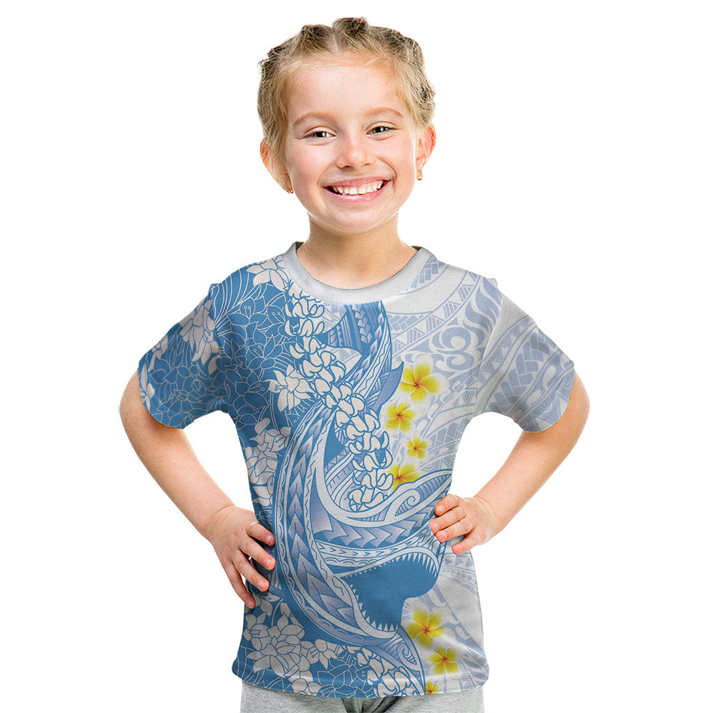 Blue Hawaii Shark Tattoo Kid T Shirt Puakenikeni Lei Plumeria Polynesian Pattern LT14 Blue - Polynesian Pride