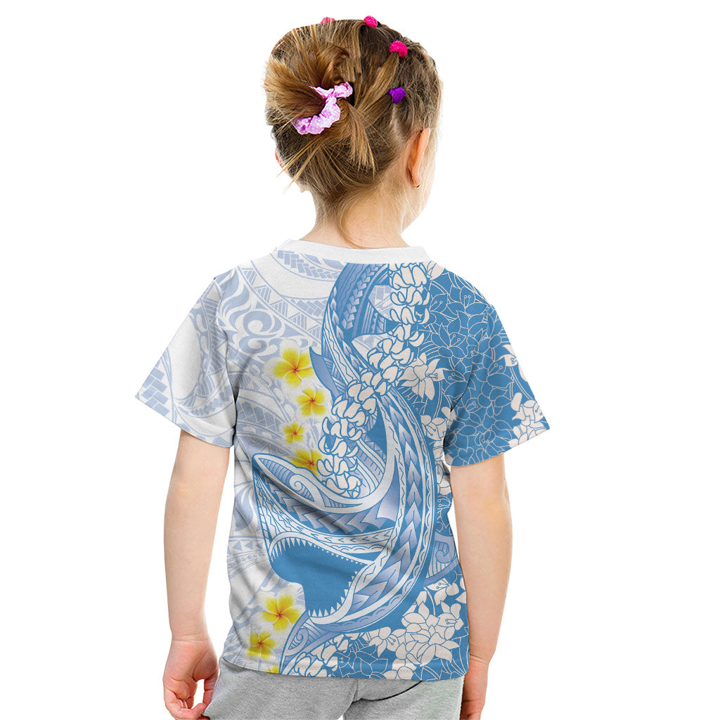 Blue Hawaii Shark Tattoo Kid T Shirt Puakenikeni Lei Plumeria Polynesian Pattern LT14 - Polynesian Pride