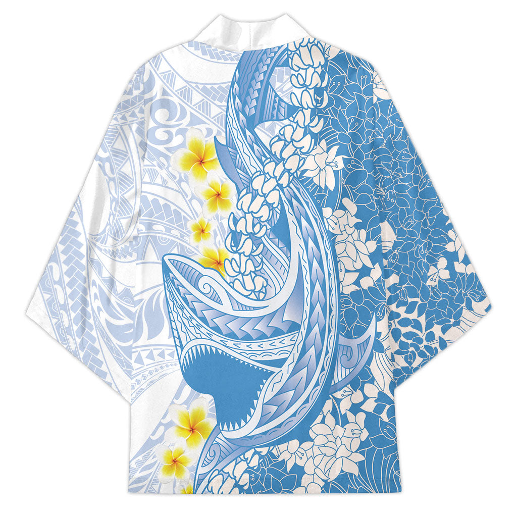 Blue Hawaii Shark Tattoo Kimono Puakenikeni Lei Plumeria Polynesian Pattern LT14 - Polynesian Pride