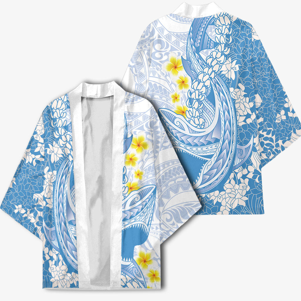 Blue Hawaii Shark Tattoo Kimono Puakenikeni Lei Plumeria Polynesian Pattern LT14 - Polynesian Pride