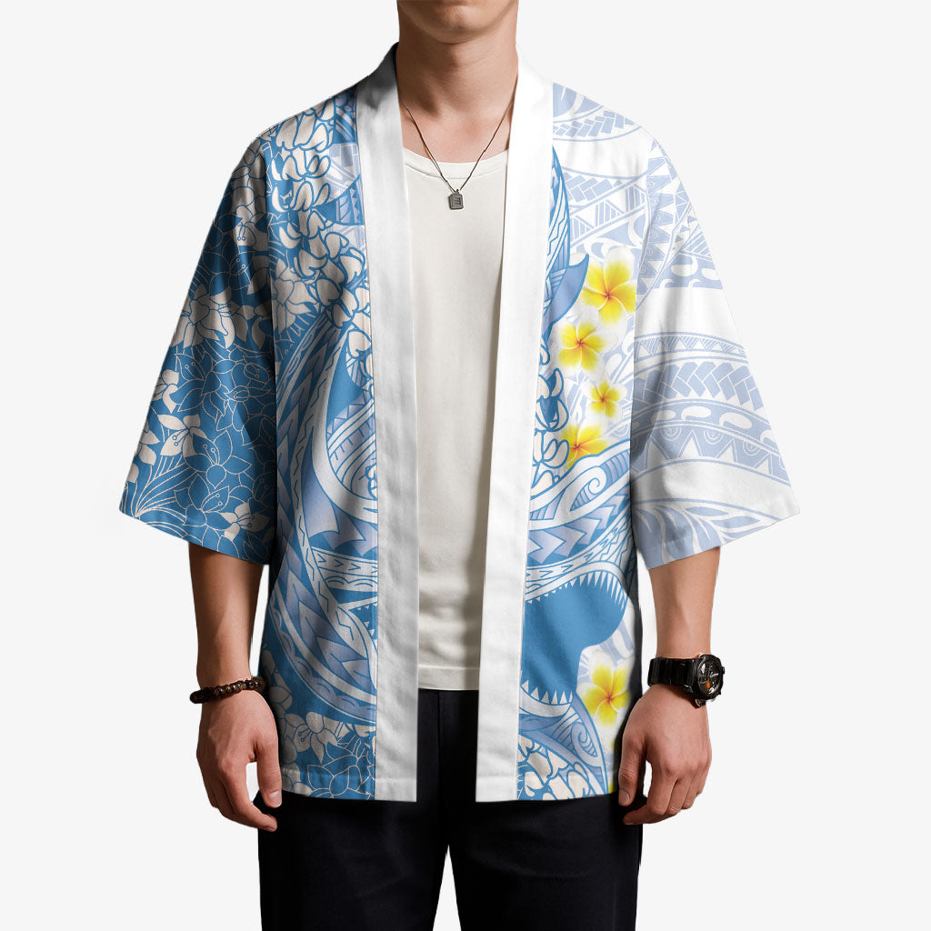 Blue Hawaii Shark Tattoo Kimono Puakenikeni Lei Plumeria Polynesian Pattern LT14 - Polynesian Pride