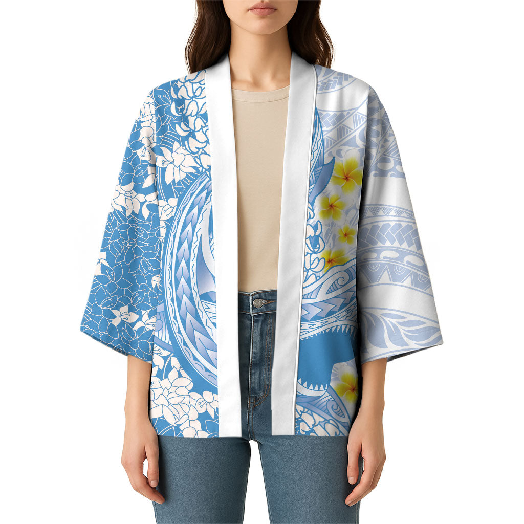 Blue Hawaii Shark Tattoo Kimono Puakenikeni Lei Plumeria Polynesian Pattern LT14 - Polynesian Pride