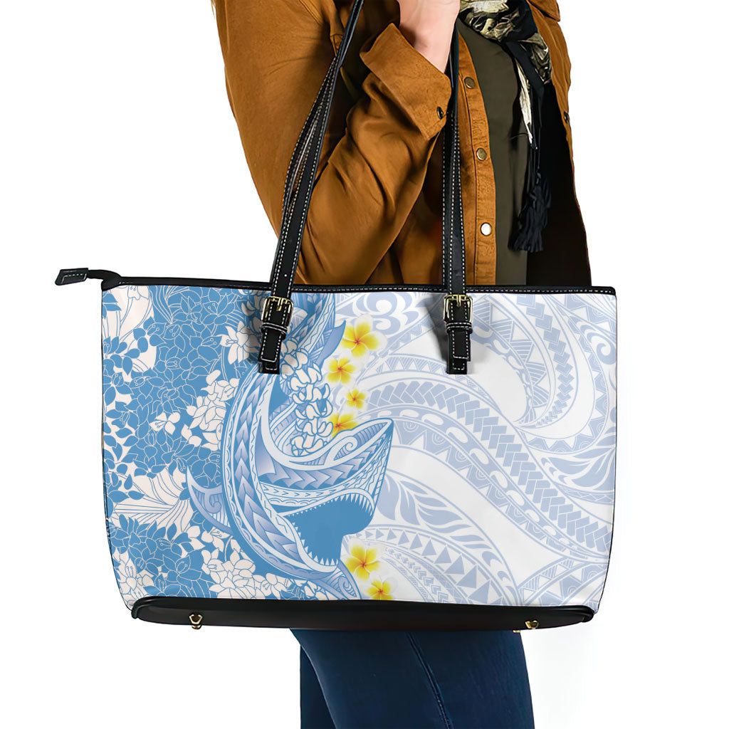 Blue Hawaii Shark Tattoo Leather Tote Bag Puakenikeni Lei Plumeria Polynesian Pattern LT14 - Polynesian Pride