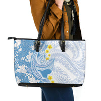 Blue Hawaii Shark Tattoo Leather Tote Bag Puakenikeni Lei Plumeria Polynesian Pattern LT14 - Polynesian Pride