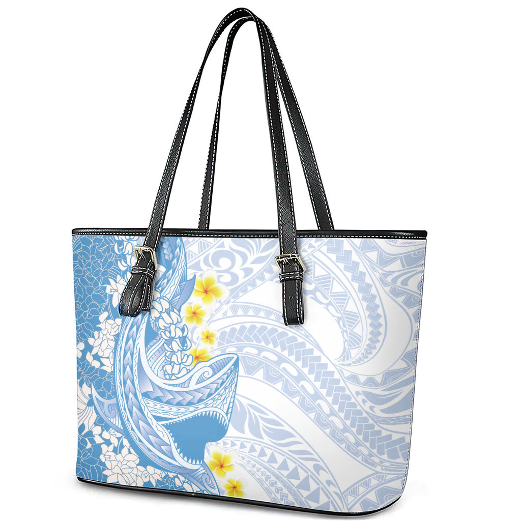 Blue Hawaii Shark Tattoo Leather Tote Bag Puakenikeni Lei Plumeria Polynesian Pattern LT14 - Polynesian Pride