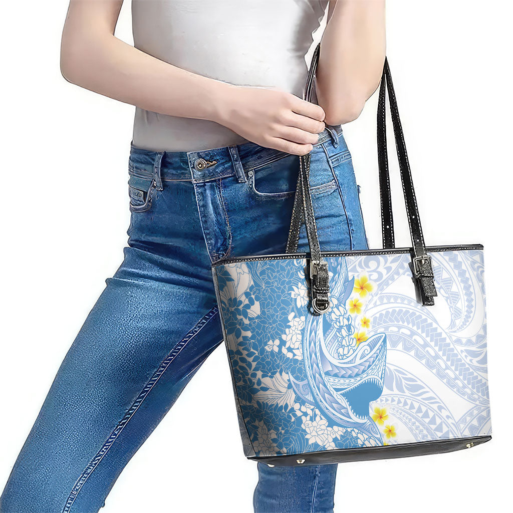 Blue Hawaii Shark Tattoo Leather Tote Bag Puakenikeni Lei Plumeria Polynesian Pattern LT14 - Polynesian Pride
