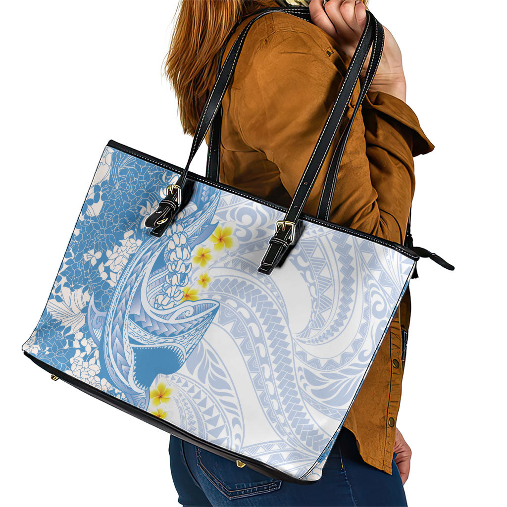 Blue Hawaii Shark Tattoo Leather Tote Bag Puakenikeni Lei Plumeria Polynesian Pattern LT14 - Polynesian Pride
