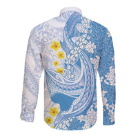 Blue Hawaii Shark Tattoo Long Sleeve Button Shirt Puakenikeni Lei Plumeria Polynesian Pattern LT14 - Polynesian Pride