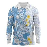 Blue Hawaii Shark Tattoo Long Sleeve Polo Shirt Puakenikeni Lei Plumeria Polynesian Pattern