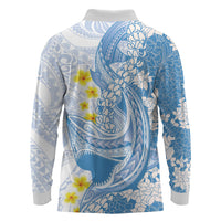 Blue Hawaii Shark Tattoo Long Sleeve Polo Shirt Puakenikeni Lei Plumeria Polynesian Pattern