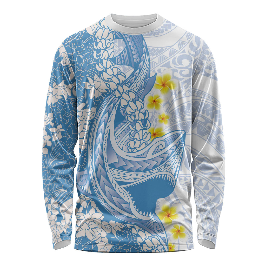 Blue Hawaii Shark Tattoo Long Sleeve Shirt Puakenikeni Lei Plumeria Polynesian Pattern LT14 Unisex Blue - Polynesian Pride