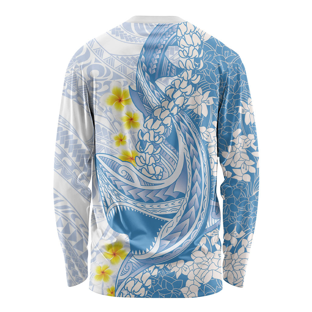 Blue Hawaii Shark Tattoo Long Sleeve Shirt Puakenikeni Lei Plumeria Polynesian Pattern LT14 - Polynesian Pride