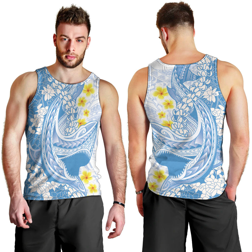 Blue Hawaii Shark Tattoo Men Tank Top Puakenikeni Lei Plumeria Polynesian Pattern LT14 - Polynesian Pride