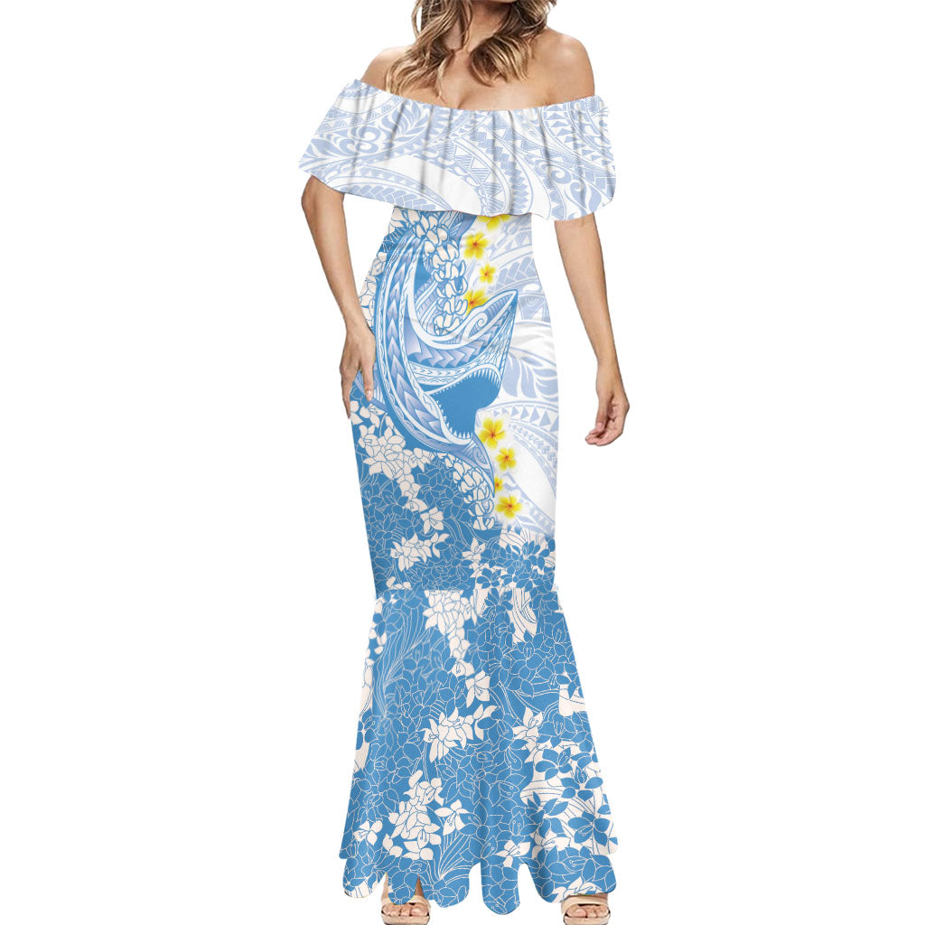 Blue Hawaii Shark Tattoo Mermaid Dress Puakenikeni Lei Plumeria Polynesian Pattern LT14 - Polynesian Pride