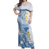 Blue Hawaii Shark Tattoo Off Shoulder Maxi Dress Puakenikeni Lei Plumeria Polynesian Pattern LT14 Women Blue - Polynesian Pride