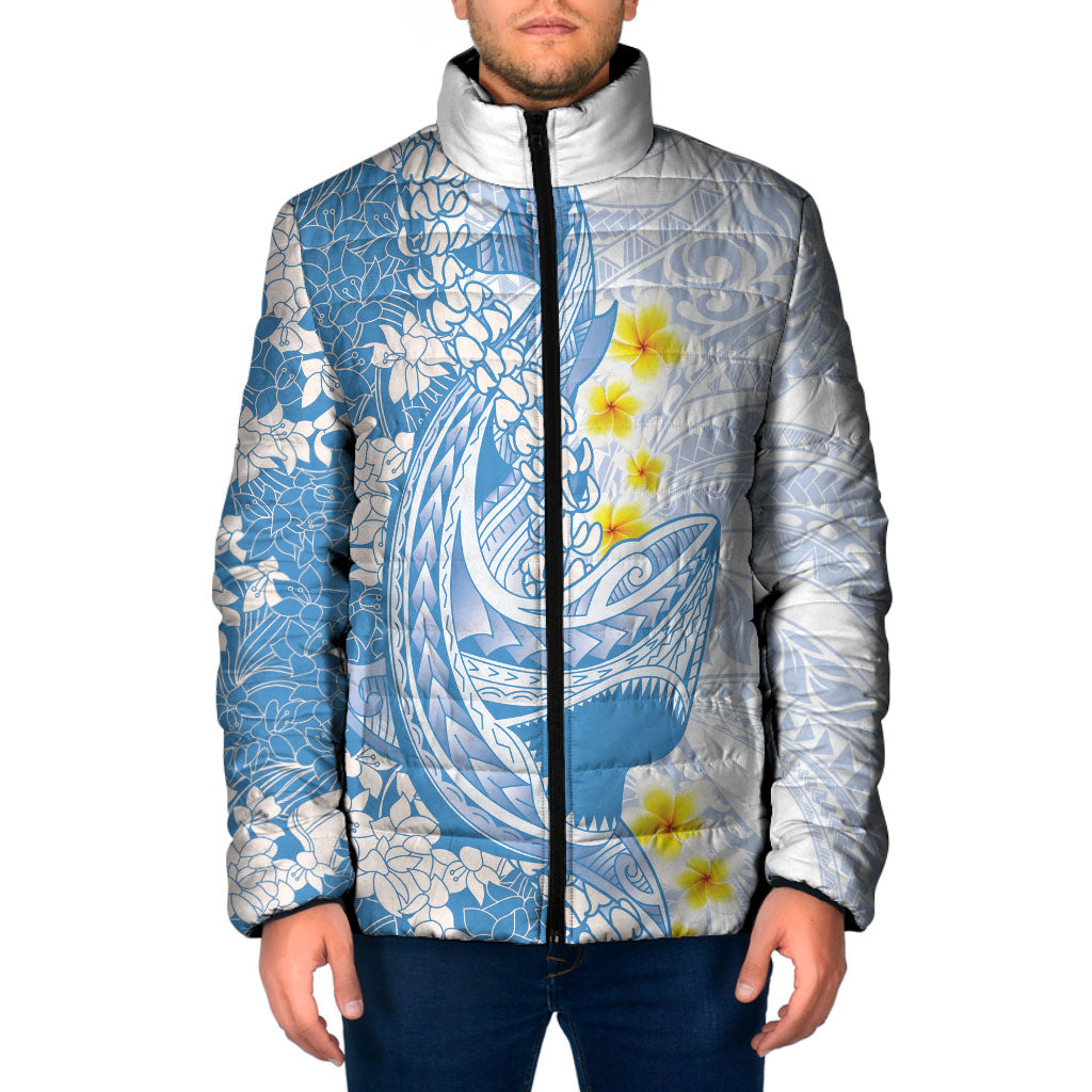 Blue Hawaii Shark Tattoo Padded Jacket Puakenikeni Lei Plumeria Polynesian Pattern LT14 Men Blue - Polynesian Pride