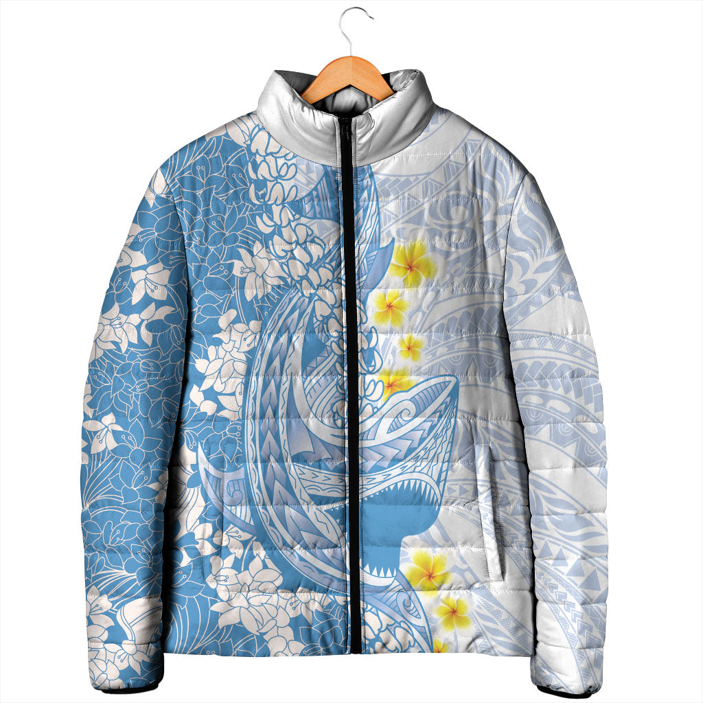 Blue Hawaii Shark Tattoo Padded Jacket Puakenikeni Lei Plumeria Polynesian Pattern LT14 - Polynesian Pride