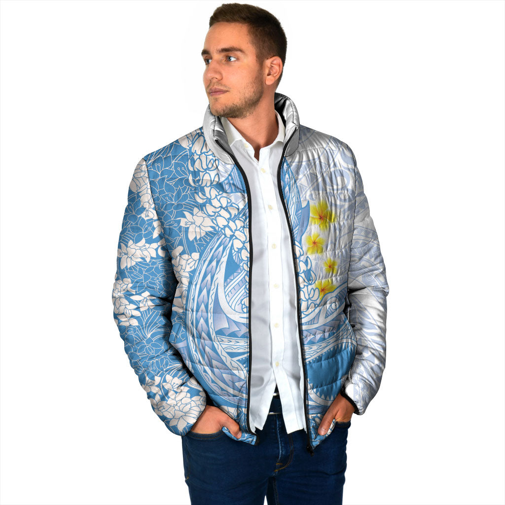 Blue Hawaii Shark Tattoo Padded Jacket Puakenikeni Lei Plumeria Polynesian Pattern LT14 - Polynesian Pride