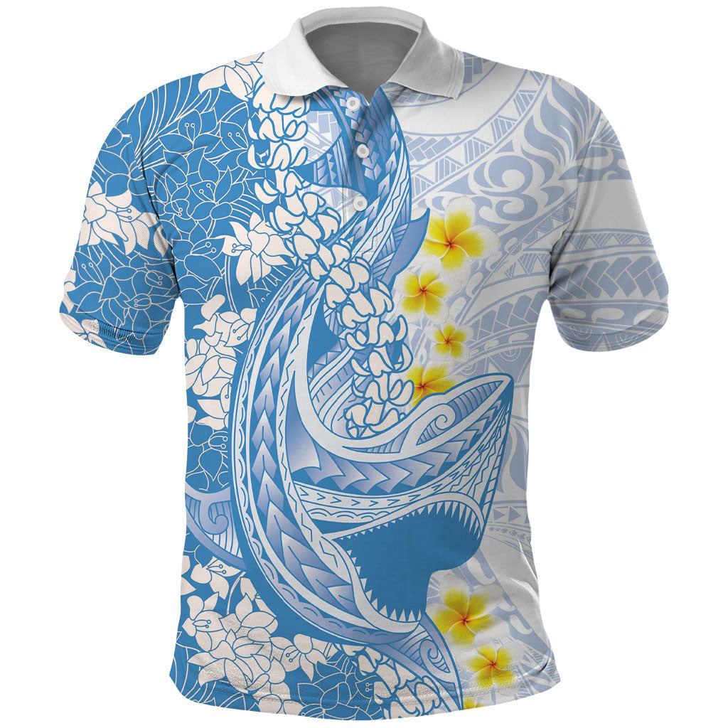 Blue Hawaii Shark Tattoo Polo Shirt Puakenikeni Lei Plumeria Polynesian Pattern LT14 Blue - Polynesian Pride