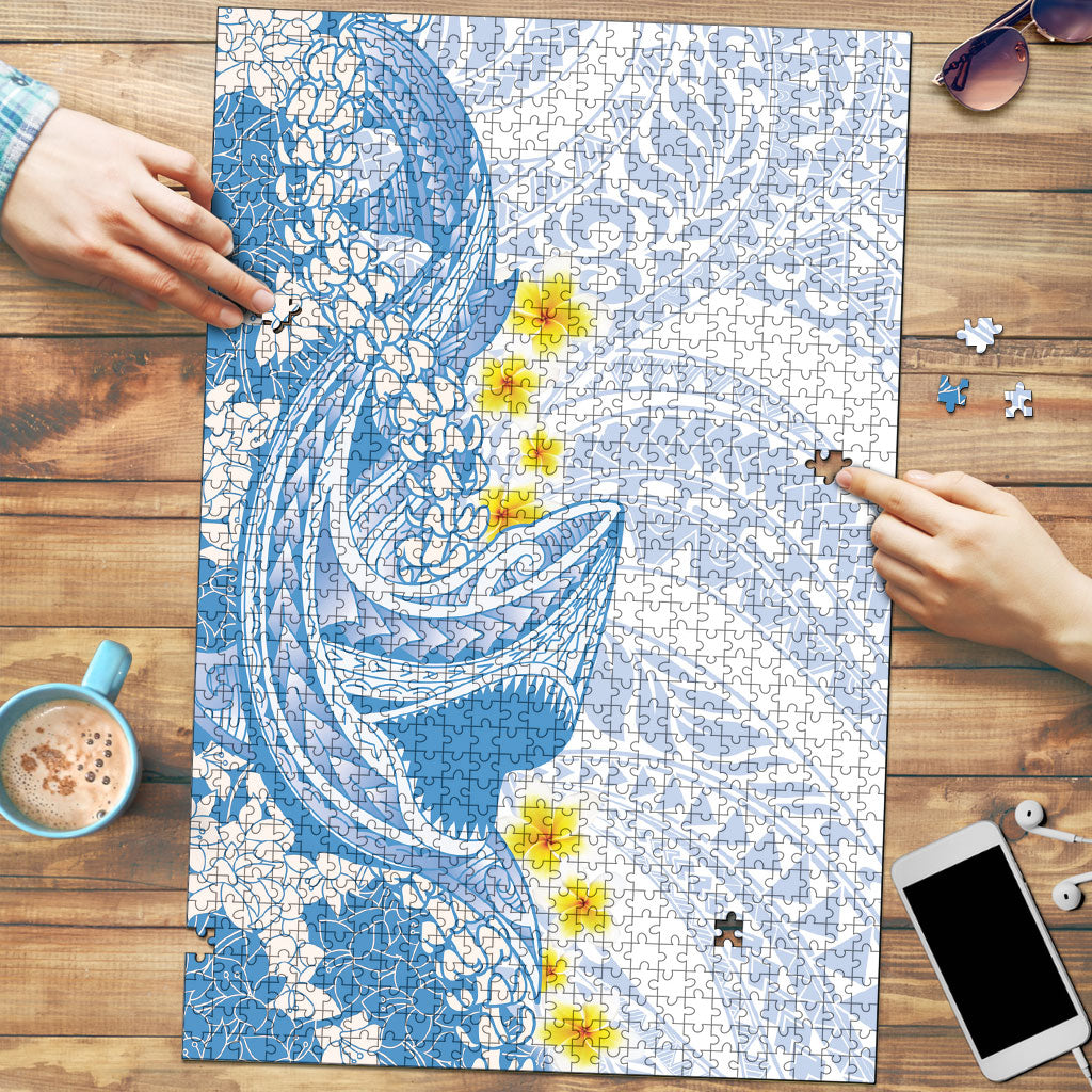 Blue Hawaii Shark Tattoo Puzzle Puakenikeni Lei Plumeria Polynesian Pattern LT14 Blue - Polynesian Pride