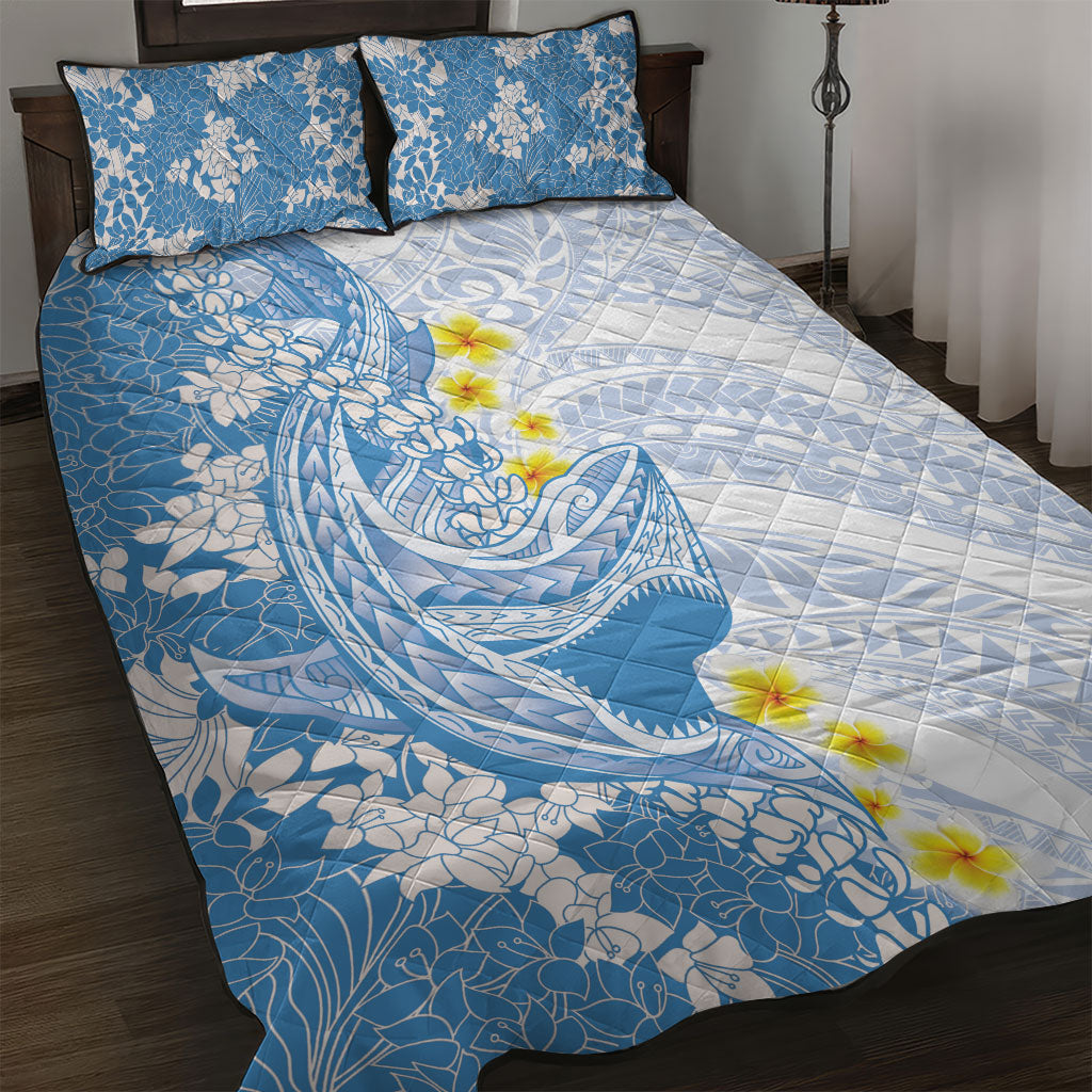 Blue Hawaii Shark Tattoo Quilt Bed Set Puakenikeni Lei Plumeria Polynesian Pattern LT14 Blue - Polynesian Pride