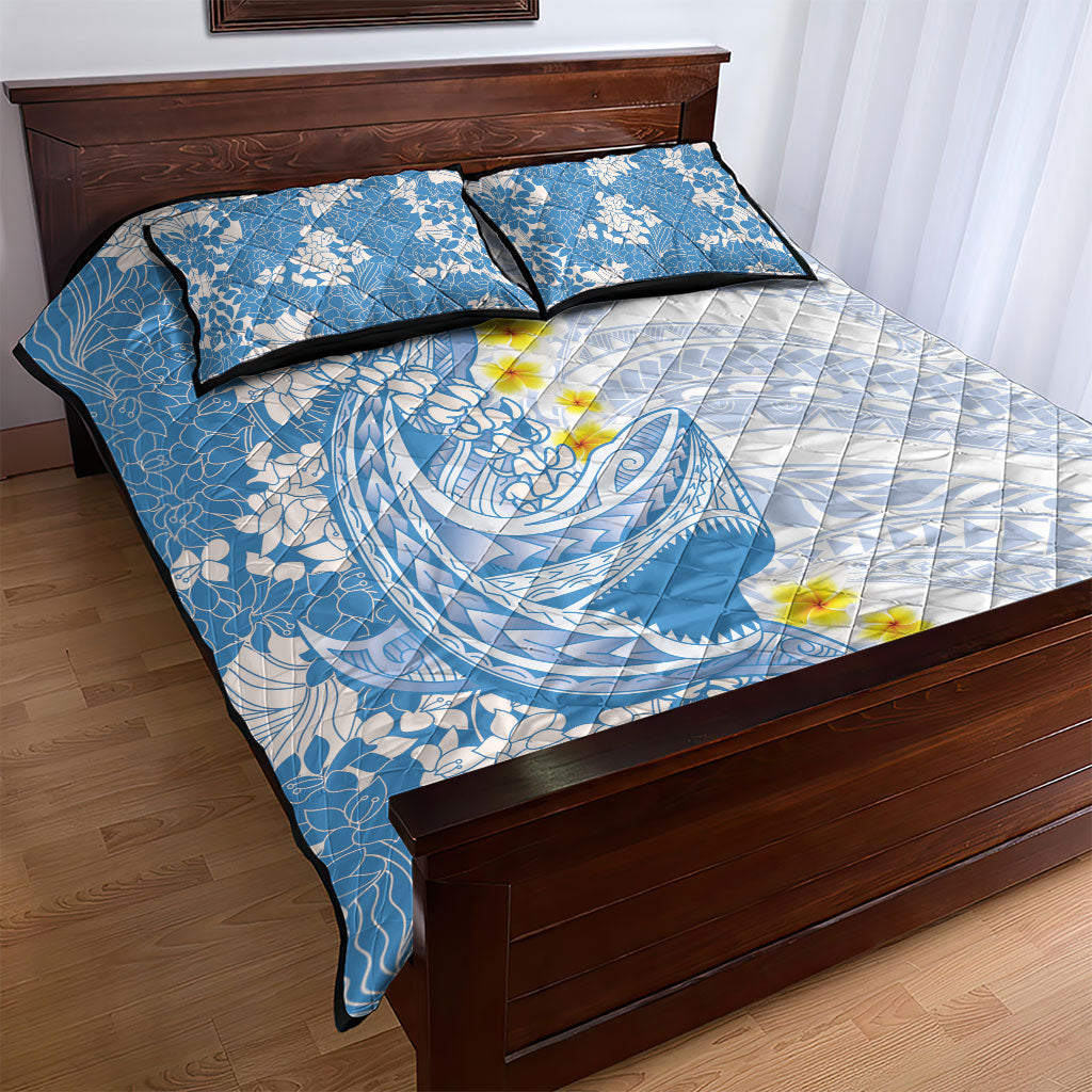 Blue Hawaii Shark Tattoo Quilt Bed Set Puakenikeni Lei Plumeria Polynesian Pattern LT14 - Polynesian Pride
