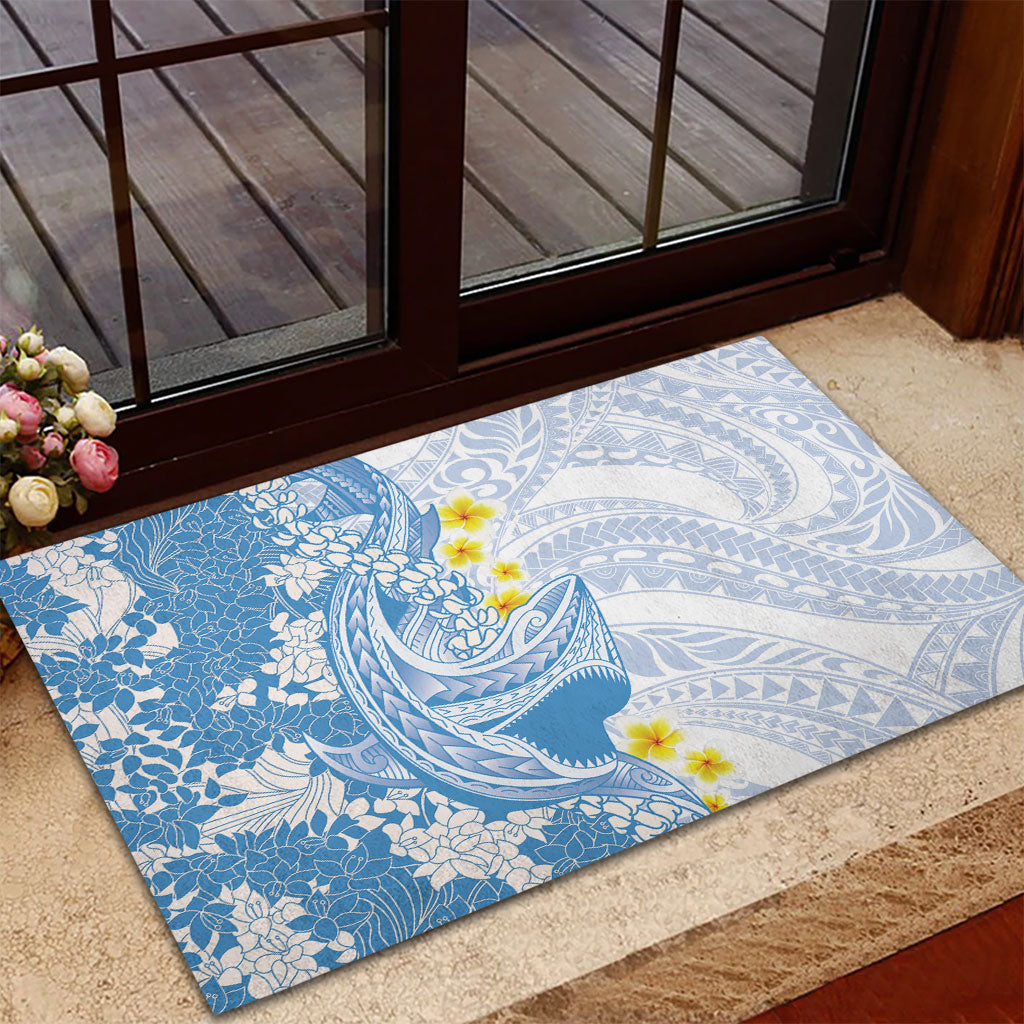 Blue Hawaii Shark Tattoo Rubber Doormat Puakenikeni Lei Plumeria Polynesian Pattern LT14 - Polynesian Pride