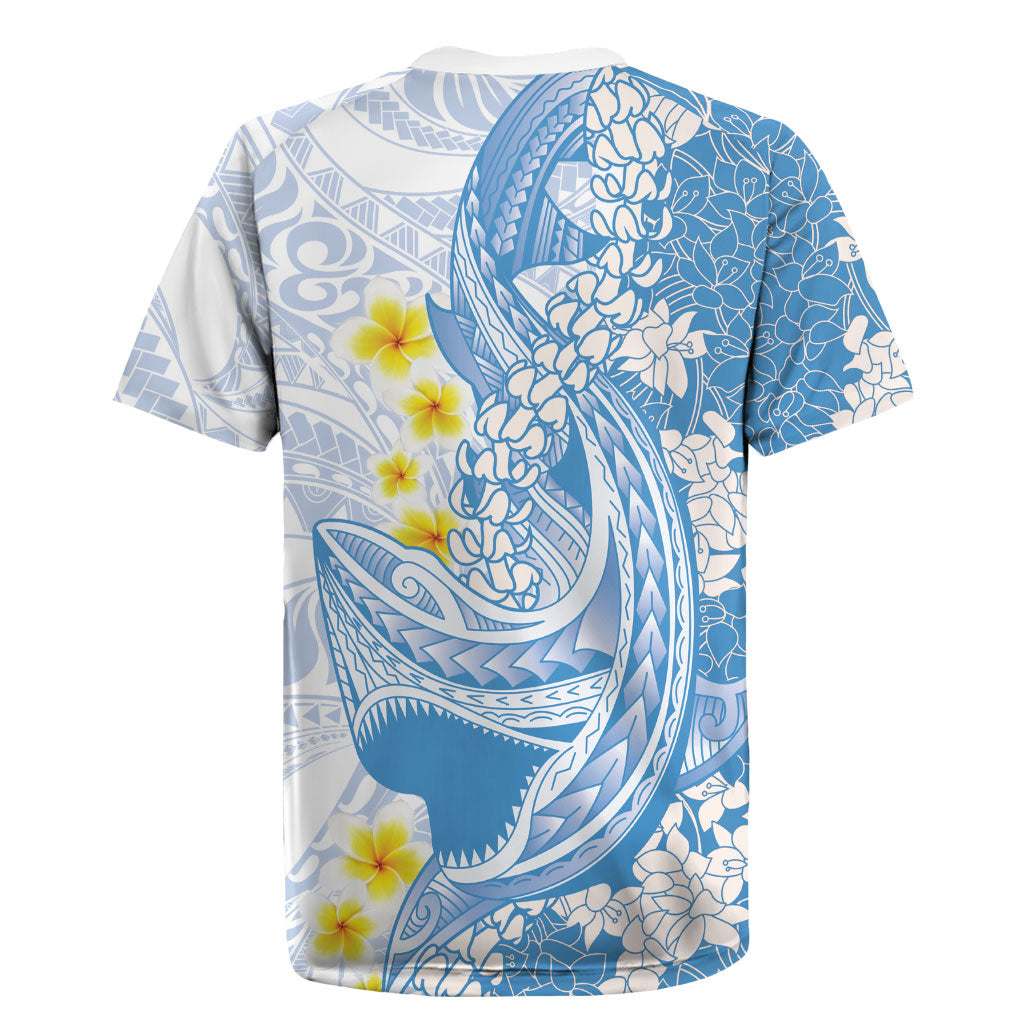 Blue Hawaii Shark Tattoo Rugby Jersey Puakenikeni Lei Plumeria Polynesian Pattern LT14 - Polynesian Pride