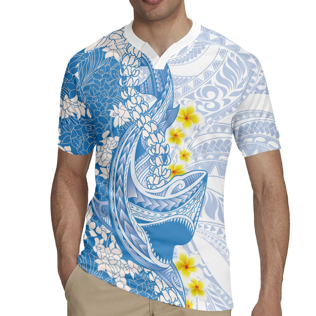 Blue Hawaii Shark Tattoo Rugby Jersey Puakenikeni Lei Plumeria Polynesian Pattern LT14 - Polynesian Pride