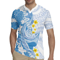 Blue Hawaii Shark Tattoo Rugby Jersey Puakenikeni Lei Plumeria Polynesian Pattern LT14 - Polynesian Pride