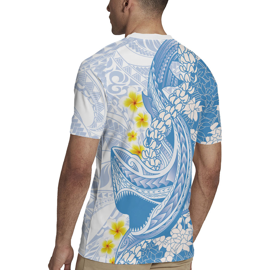 Blue Hawaii Shark Tattoo Rugby Jersey Puakenikeni Lei Plumeria Polynesian Pattern LT14 - Polynesian Pride
