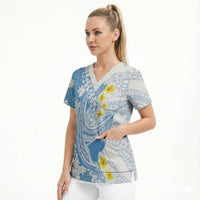 Blue Hawaii Shark Tattoo Scrub Top Puakenikeni Lei Plumeria Polynesian Pattern LT14 - Polynesian Pride
