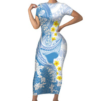 Blue Hawaii Shark Tattoo Short Sleeve Bodycon Dress Puakenikeni Lei Plumeria Polynesian Pattern