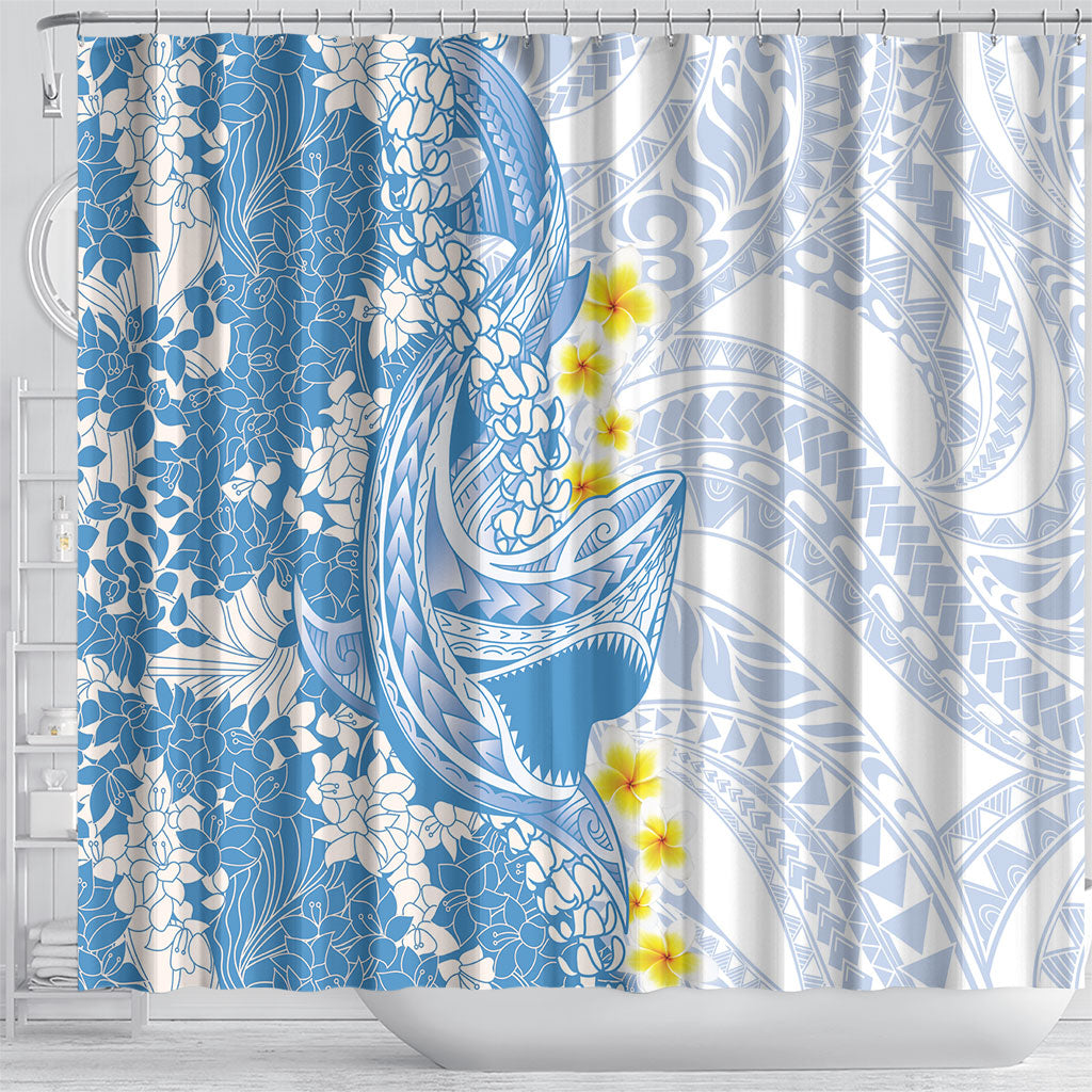 Blue Hawaii Shark Tattoo Shower Curtain Puakenikeni Lei Plumeria Polynesian Pattern LT14 - Polynesian Pride