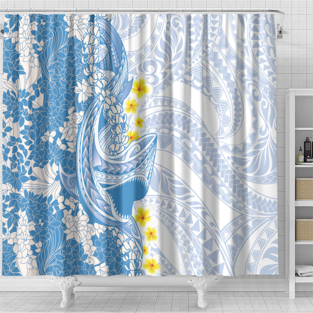 Blue Hawaii Shark Tattoo Shower Curtain Puakenikeni Lei Plumeria Polynesian Pattern LT14 - Polynesian Pride