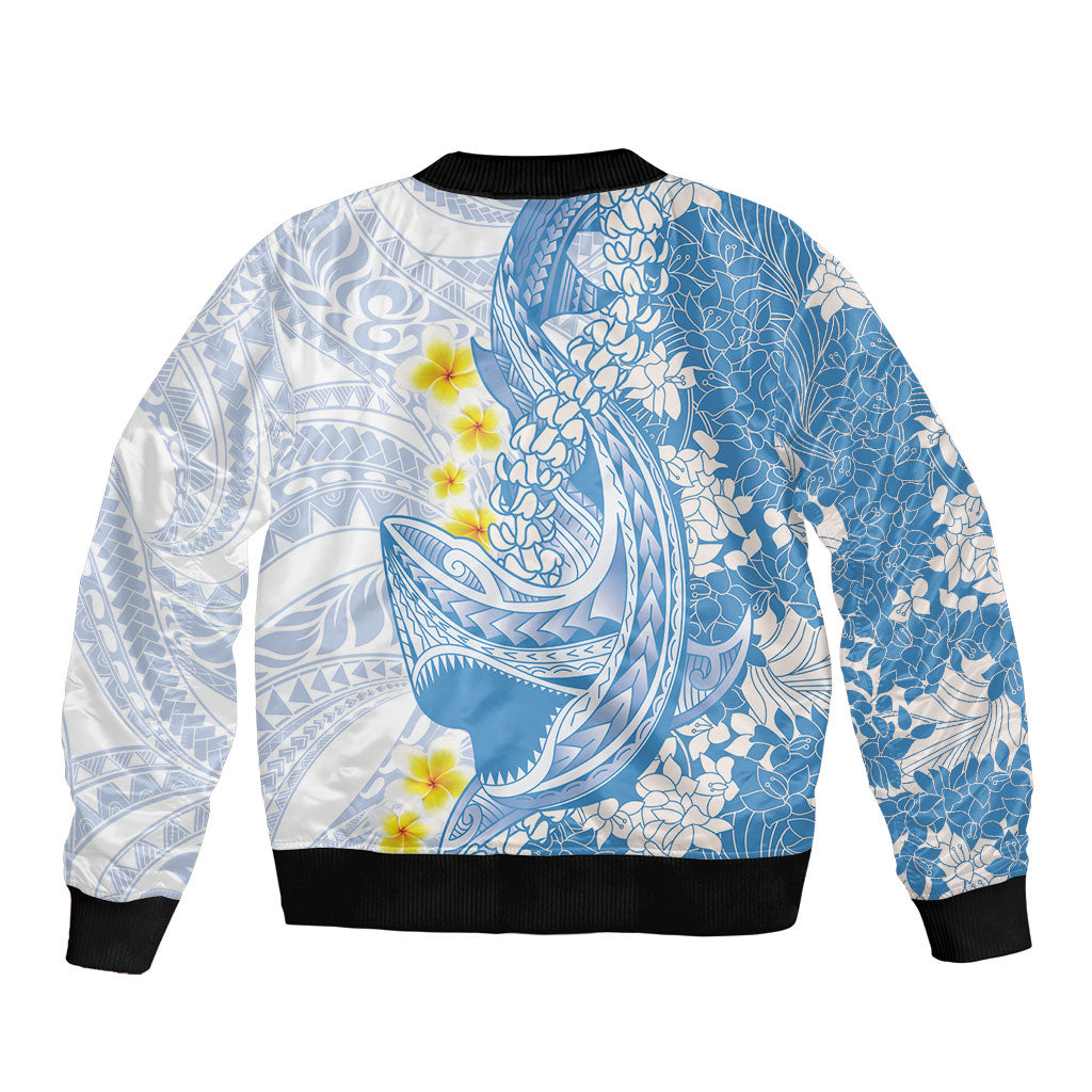 Blue Hawaii Shark Tattoo Sleeve Zip Bomber Jacket Puakenikeni Lei Plumeria Polynesian Pattern LT14 - Polynesian Pride