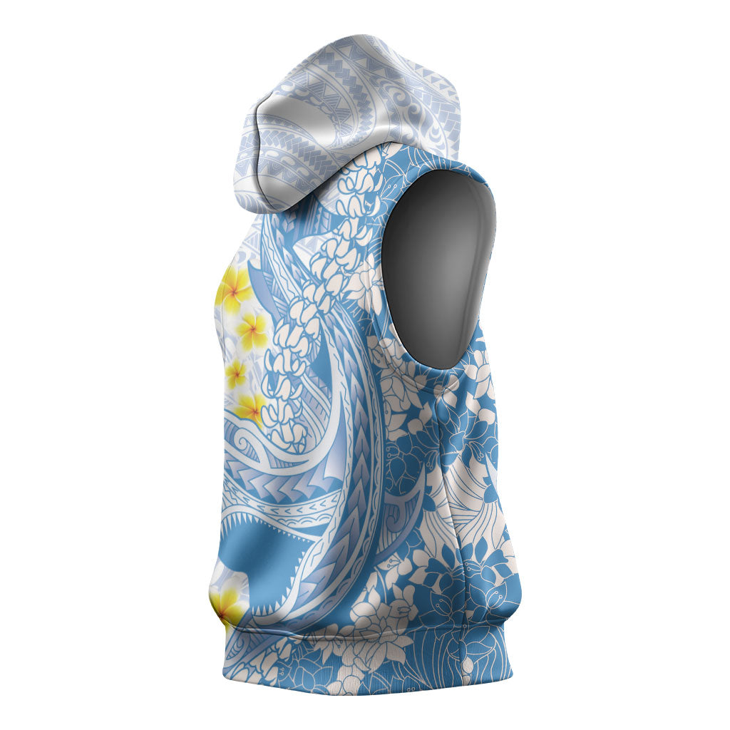 Blue Hawaii Shark Tattoo Sleeveless Hoodie Puakenikeni Lei Plumeria Polynesian Pattern LT14 - Polynesian Pride