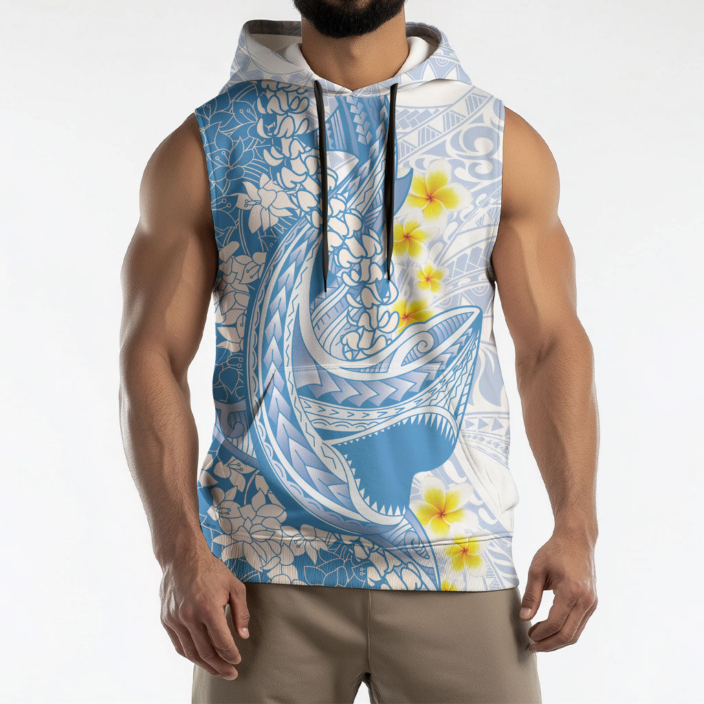 Blue Hawaii Shark Tattoo Sleeveless Hoodie Puakenikeni Lei Plumeria Polynesian Pattern LT14 - Polynesian Pride
