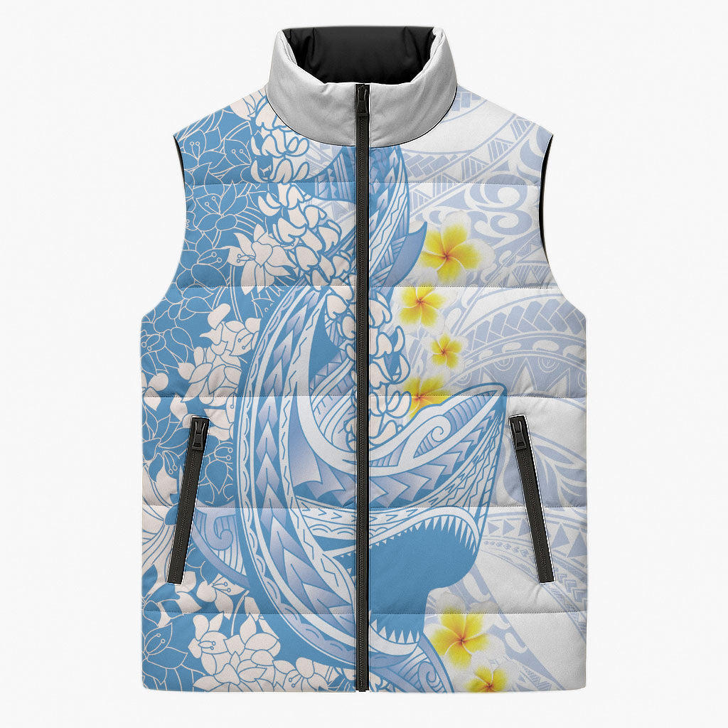 Blue Hawaii Shark Tattoo Sleeveless Puffer Jacket Puakenikeni Lei Plumeria Polynesian Pattern