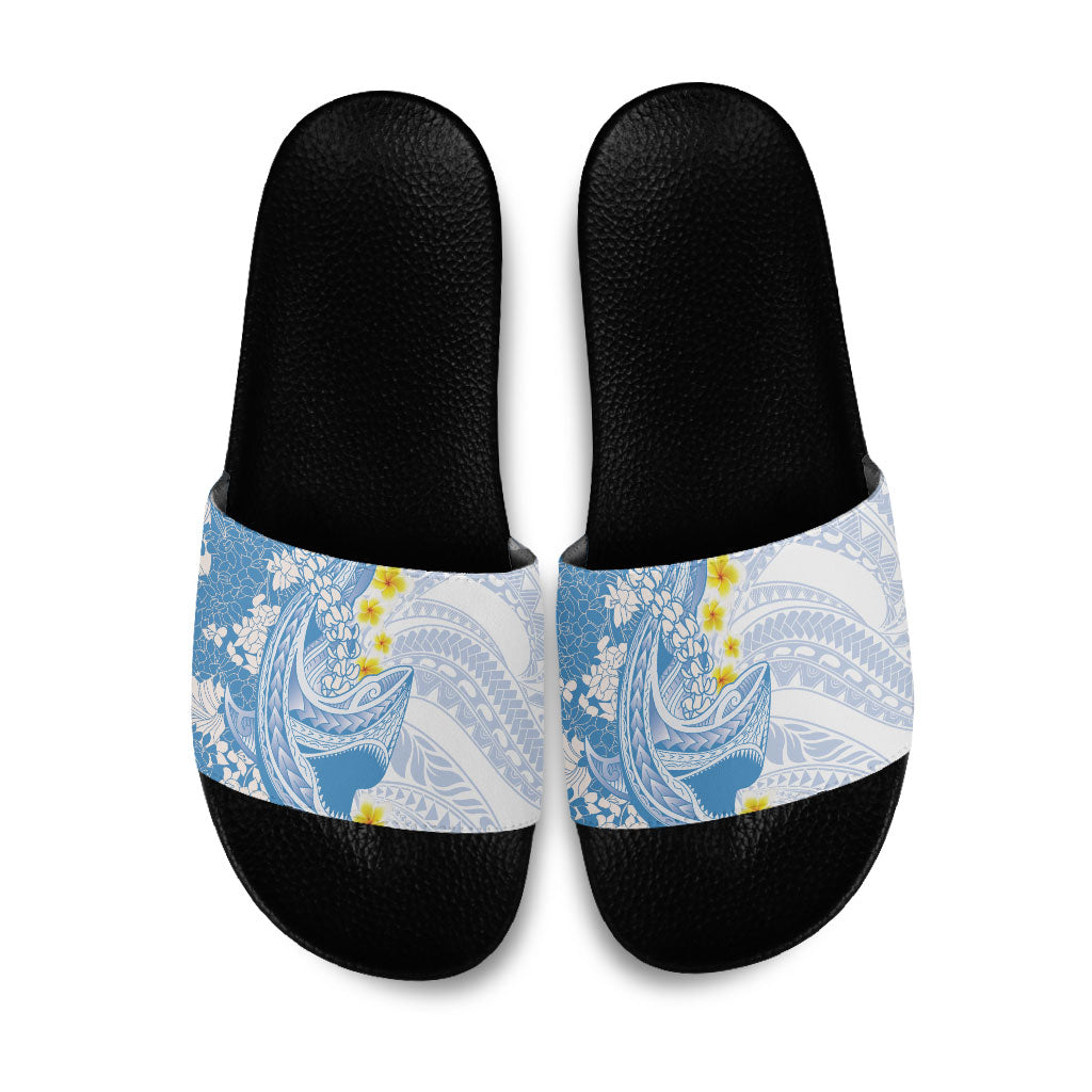 Blue Hawaii Shark Tattoo Slide Sandals Puakenikeni Lei Plumeria Polynesian Pattern LT14 Blue - Polynesian Pride