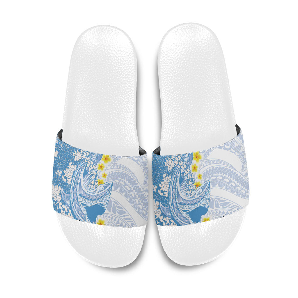 Blue Hawaii Shark Tattoo Slide Sandals Puakenikeni Lei Plumeria Polynesian Pattern LT14 Blue - Polynesian Pride