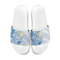 Blue Hawaii Shark Tattoo Slide Sandals Puakenikeni Lei Plumeria Polynesian Pattern LT14 Blue - Polynesian Pride