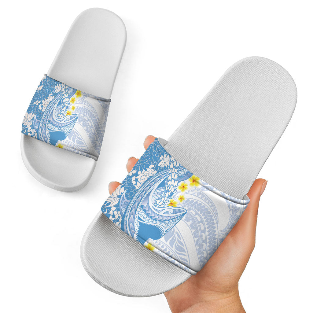 Blue Hawaii Shark Tattoo Slide Sandals Puakenikeni Lei Plumeria Polynesian Pattern LT14 - Polynesian Pride