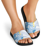 Blue Hawaii Shark Tattoo Slide Sandals Puakenikeni Lei Plumeria Polynesian Pattern LT14 - Polynesian Pride