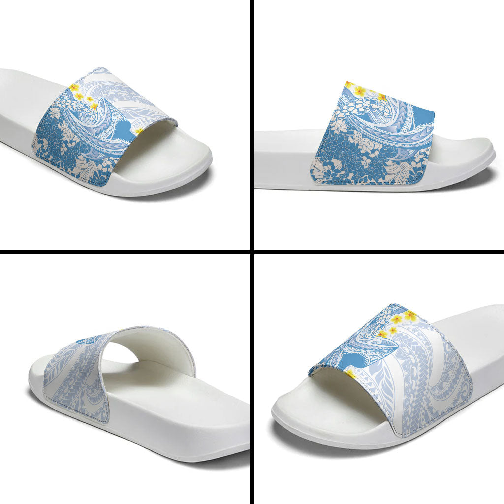 Blue Hawaii Shark Tattoo Slide Sandals Puakenikeni Lei Plumeria Polynesian Pattern LT14 - Polynesian Pride