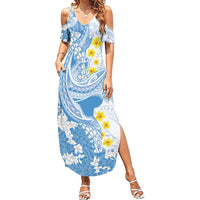 Blue Hawaii Shark Tattoo Summer Maxi Dress Puakenikeni Lei Plumeria Polynesian Pattern LT14 Women Blue - Polynesian Pride