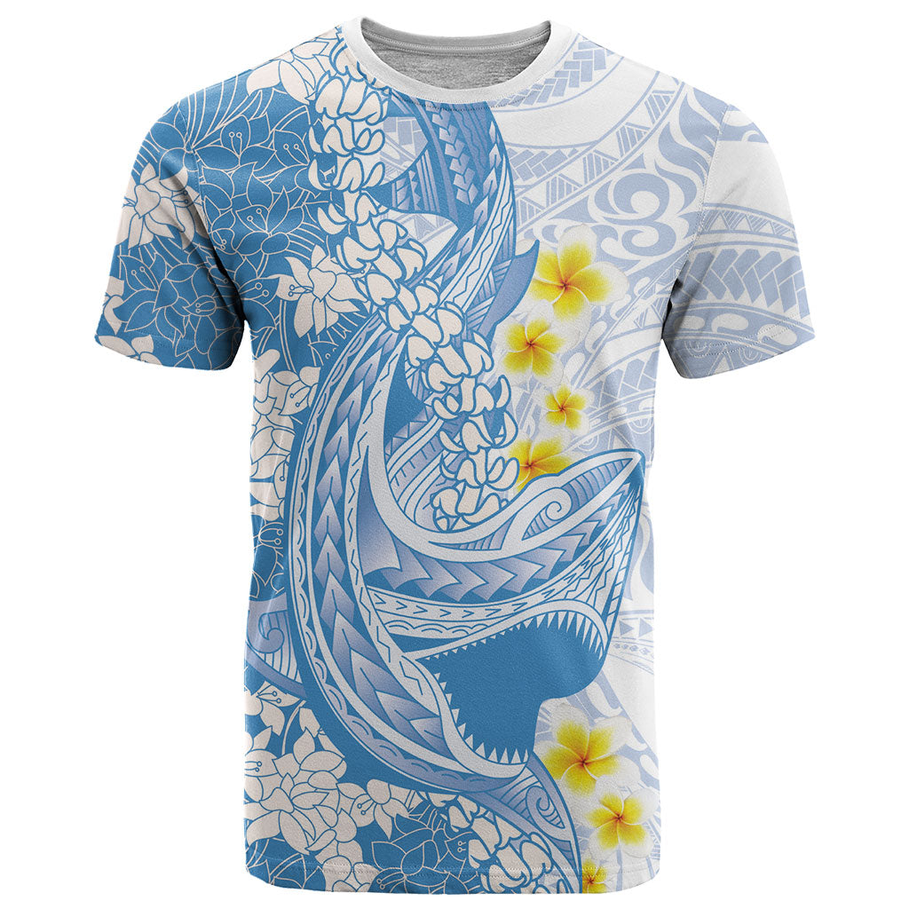Blue Hawaii Shark Tattoo T Shirt Puakenikeni Lei Plumeria Polynesian Pattern LT14 Blue - Polynesian Pride